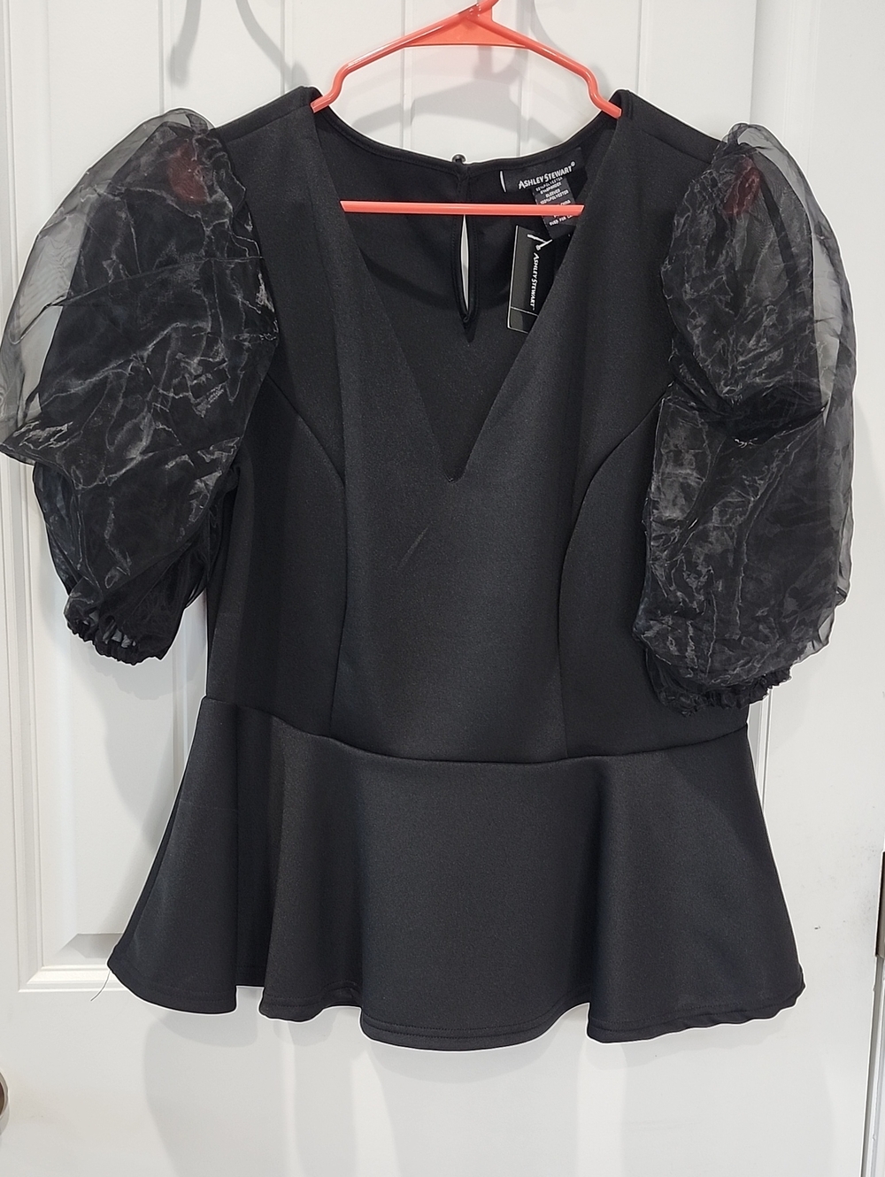 Ashley Stewart - Black V-Neck Peplum Top with Sheer Puff Sleeves - 14/16